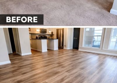 A before and after of a hardwood floor installation
